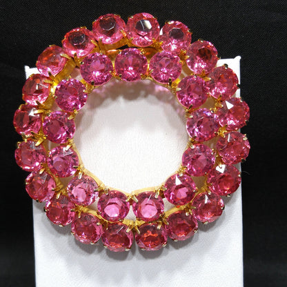 Pink Rhinestone Round Brooch, Gold Plated, Open Back Stones, 1960s Vintage Jewelry