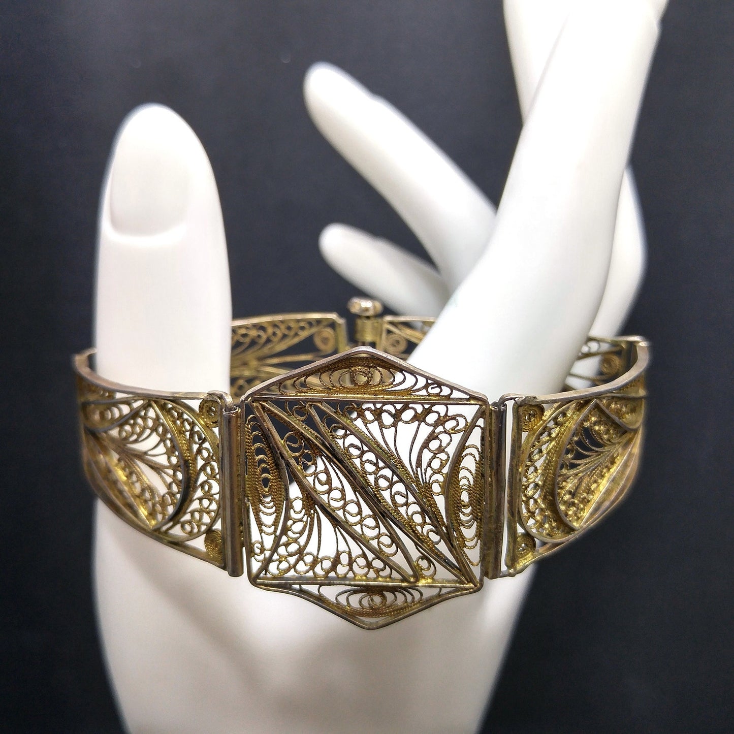 1920s Art Deco Cannetille Filigree Bracelet Gold Vermeil Silver 7 Inch