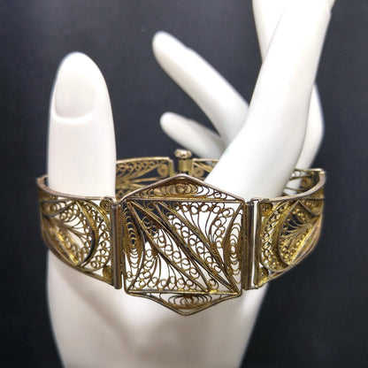 1920s Art Deco Cannetille Filigree Bracelet Gold Vermeil Silver 7 Inch