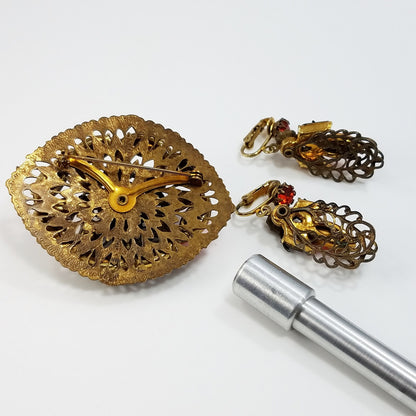 Vintage Filigree Rhinestone Brooch & Earrings, Orange Green Topaz Crystals, Floral Brass Tones, 1950s Vintage Jewelry