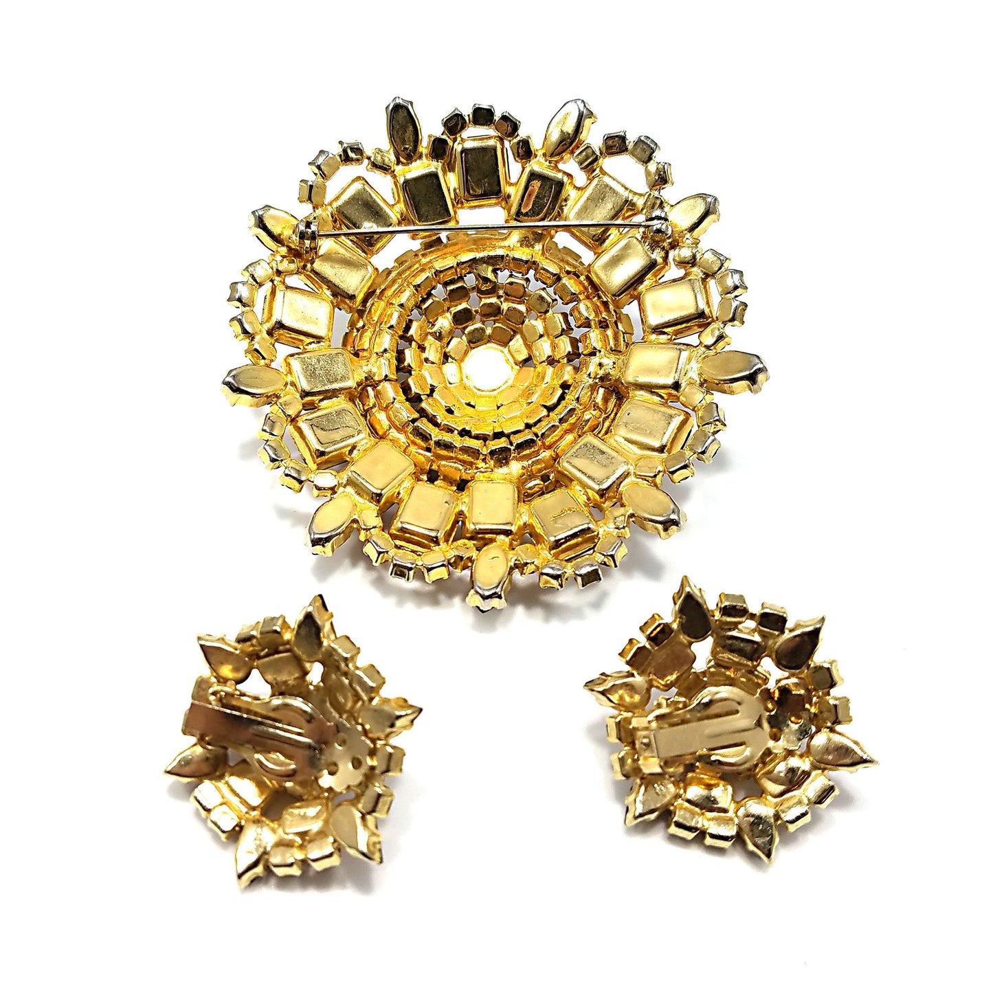 Large Purple Rhinestone Brooch & Clip Earrings, Gold Plated, 1960s Vintage