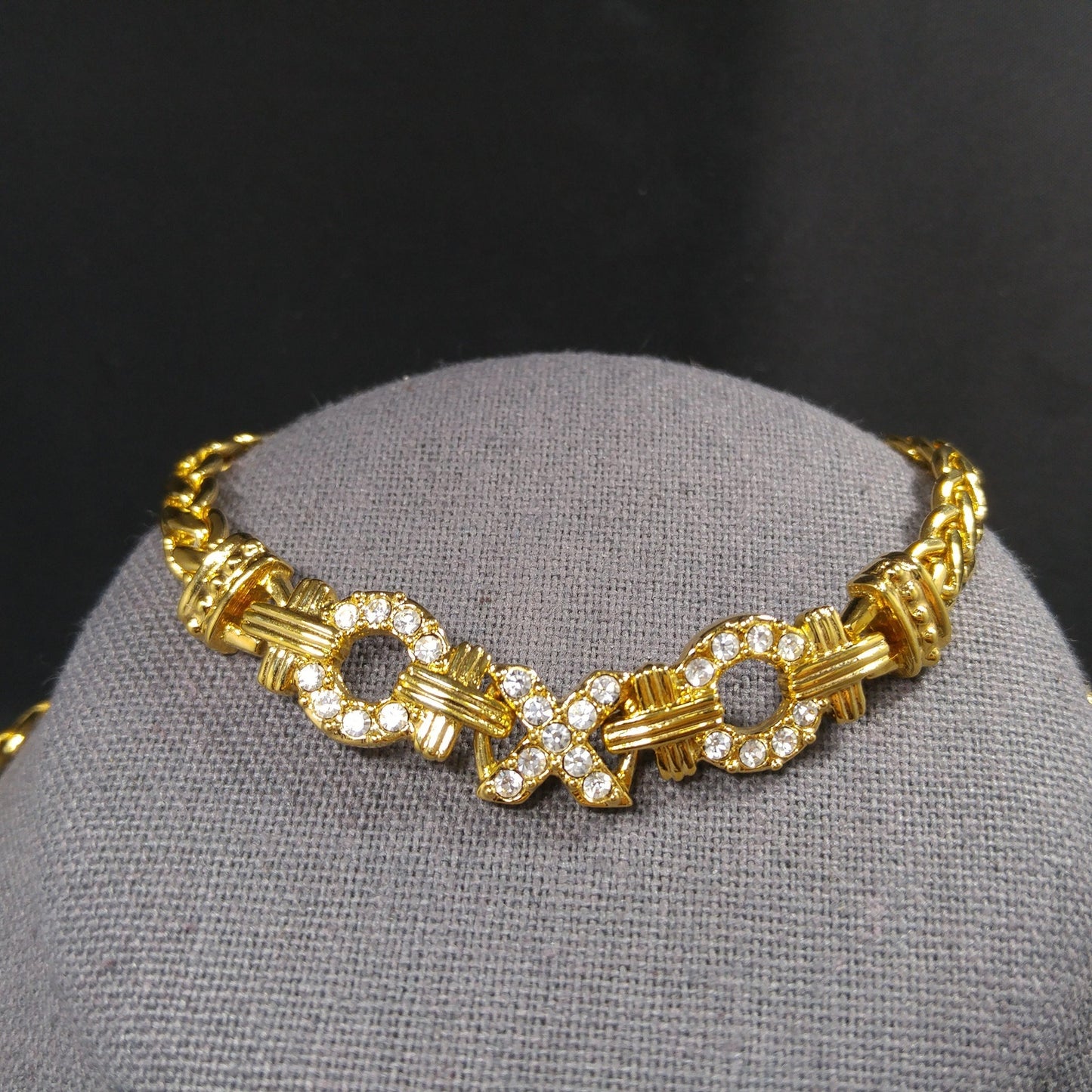 Swarovski Necklace & Bracelet Set – 1980s 1990s Gold Plated XOXO Design with Clear Rhinestones, Signed Swan Logo