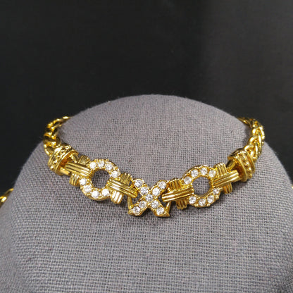 Swarovski Necklace & Bracelet Set – 1980s 1990s Gold Plated XOXO Design with Clear Rhinestones, Signed Swan Logo
