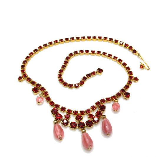 Red Rhinestone Pink Bead Choker Necklace, Gold Plated, 1950s Vintage Jewelry