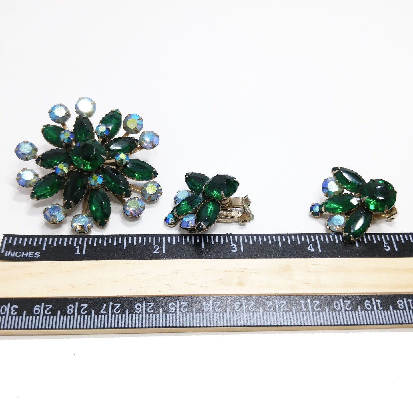 Mid-Century Green Rhinestone Flower Brooch & Earrings, Aurora Borealis, 1950s