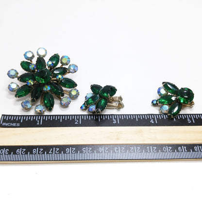 Mid-Century Green Rhinestone Flower Brooch & Earrings, Aurora Borealis, 1950s