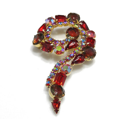 Red Aurora Borealis Rhinestone Question Mark Brooch, Gold Plated, 1960s Vintage Jewelry