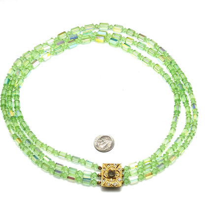 Green AB Barrel Crystal Necklace & Earrings, Austrian Crystal Beads, 1960s Vintage Jewelry