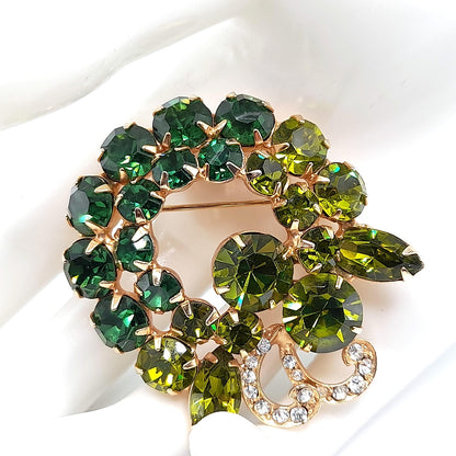 Vintage Weiss Green Rhinestone Brooch, Gold Plated, 1960s, 2"