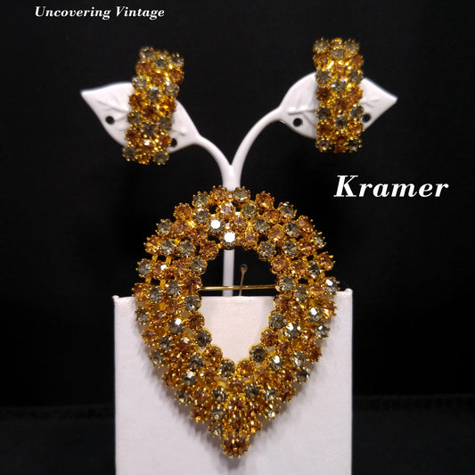 Kramer Vintage Rhinestone Brooch & Clip Earrings Set Topaz Gray Gold Plate 1960s