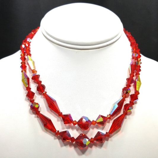 Red Aurora Borealis Crystal Beaded Necklace, Two Strands, 1950s Vintage Jewelry