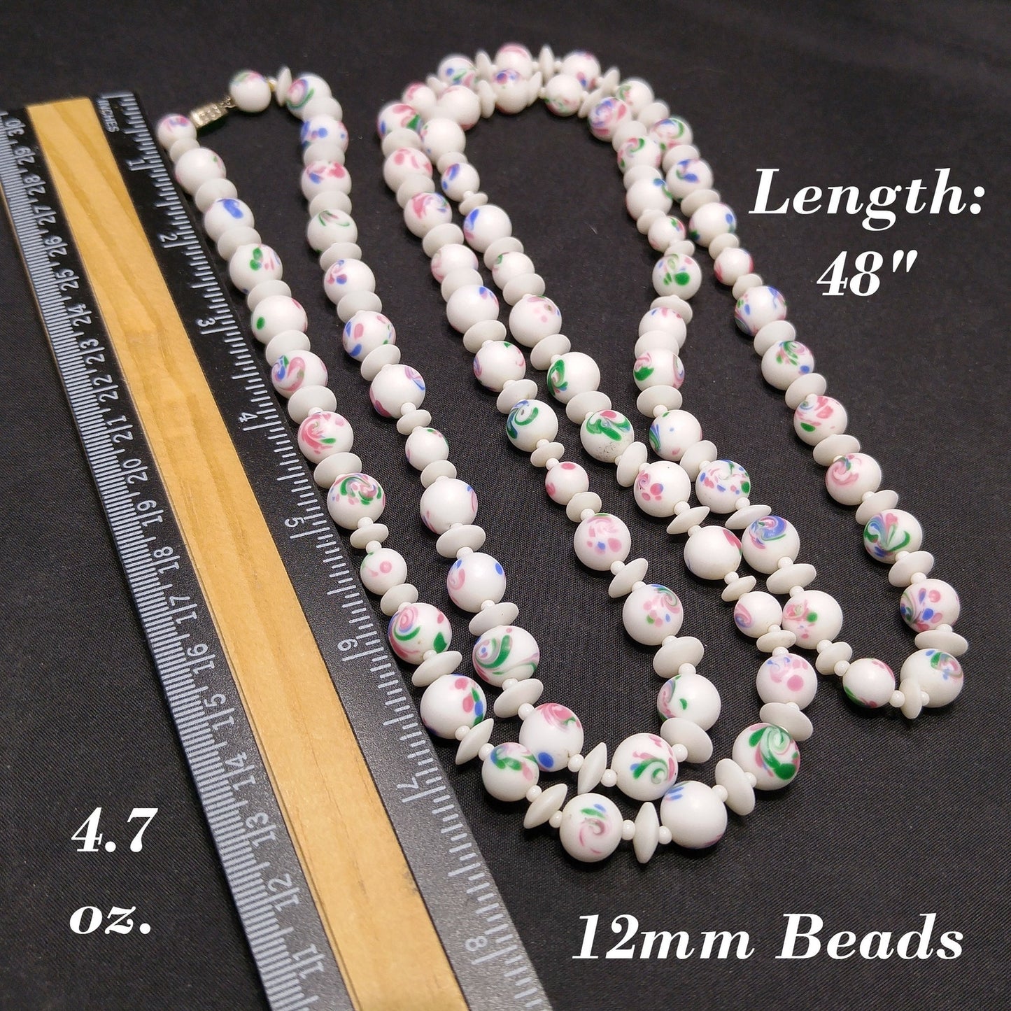 Czech Hand Painted Floral Ceramic Beaded Necklace, 48 Inches, 1930s Vintage Jewelry