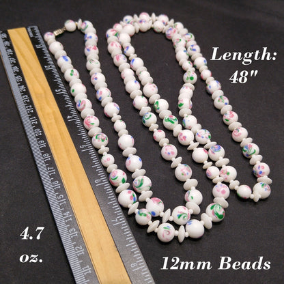 Czech Hand Painted Floral Ceramic Beaded Necklace, 48 Inches, 1930s Vintage Jewelry