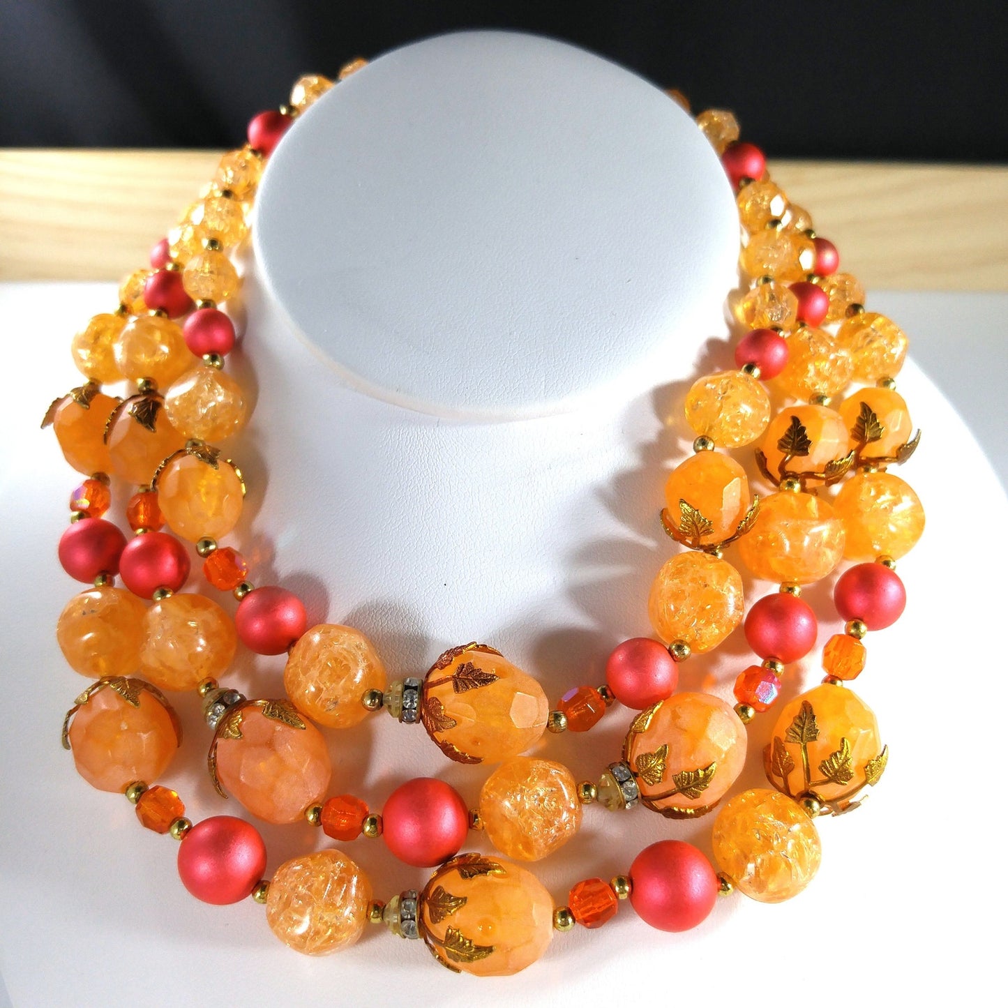 Deauville Lucite Beaded Necklace, 1950s Orange Red 3 Strand Vintage