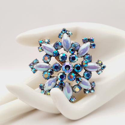 Vintage Blue Aurora Borealis Snowflake Brooch Pin