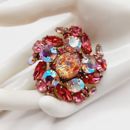 Vintage Pink Rhinestone Brooch, Dragon’s Breath Glass, Gold Tone, 1950s