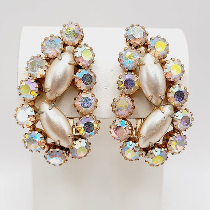 Vintage Aurora Borealis Rhinestone Clip Earrings 1950s Ear Climber Gold Tone