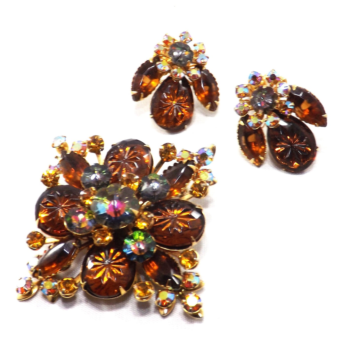Vintage Beau Jewels Root Beer Molded Glass Watermelon Rhinestone Brooch Set