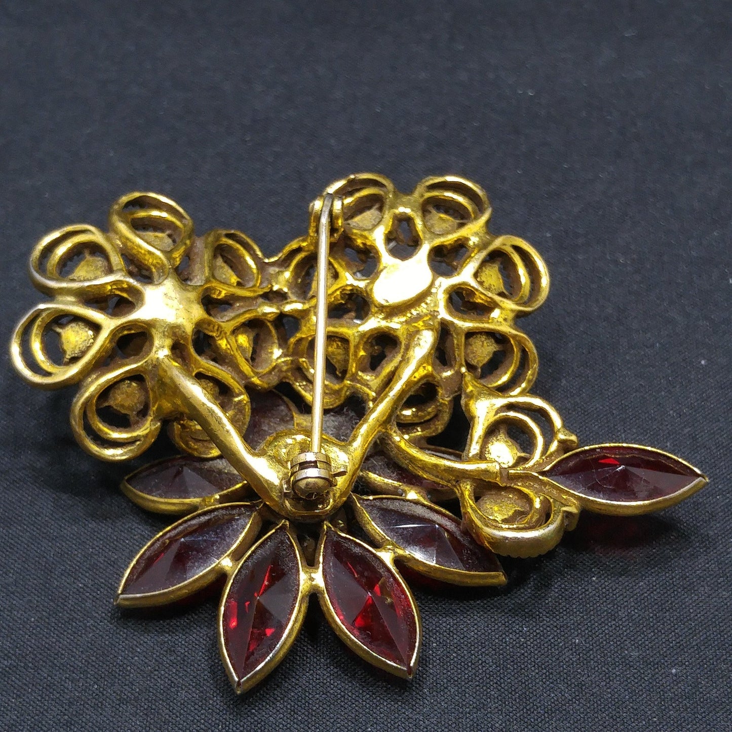 Vintage Red Crystal Rhinestone Floral Brooch, Antique Gold Plated, 1980s Vintage Jewelry