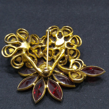 Vintage Red Crystal Rhinestone Floral Brooch, Antique Gold Plated, 1980s Vintage Jewelry