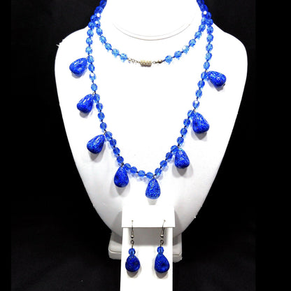 Cobalt Blue Crystal Long Necklace & Earrings, Artisan Jewelry, Faux Lapis Glass, 1940s Vintage Jewelry