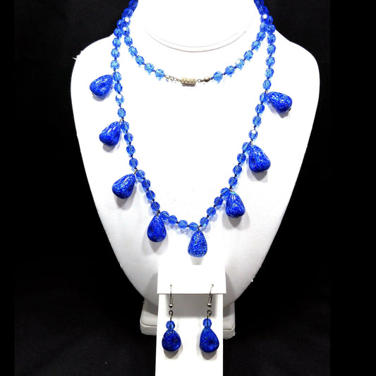 Cobalt Blue Crystal Long Necklace & Earrings, Artisan Jewelry, Faux Lapis Glass, 1940s Vintage Jewelry