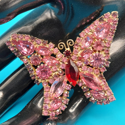 Vintage Weiss Butterfly Brooch, Pink Red Rhinestones, 1950s Jewelry
