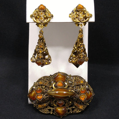 Filigree Topaz Art Glass Brooch & Clip Earrings, Dangle Earrings, 1950s Vintage Jewelry
