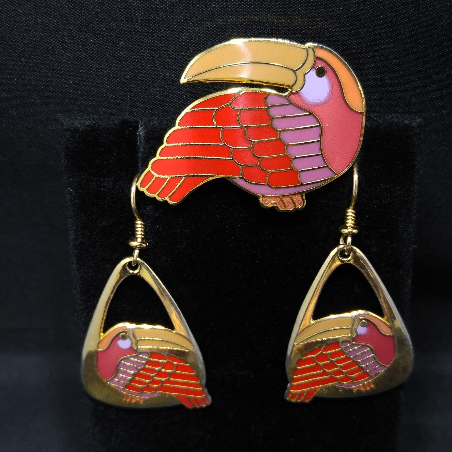 Vintage Laurel Burch Red Toucan Brooch Pendant & Earrings, Gold Plated, 1980s