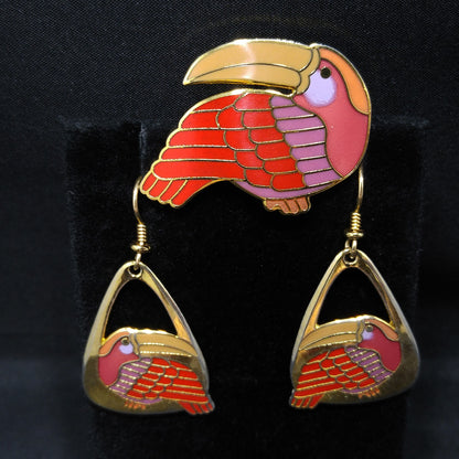 Vintage Laurel Burch Red Toucan Brooch Pendant & Earrings, Gold Plated, 1980s