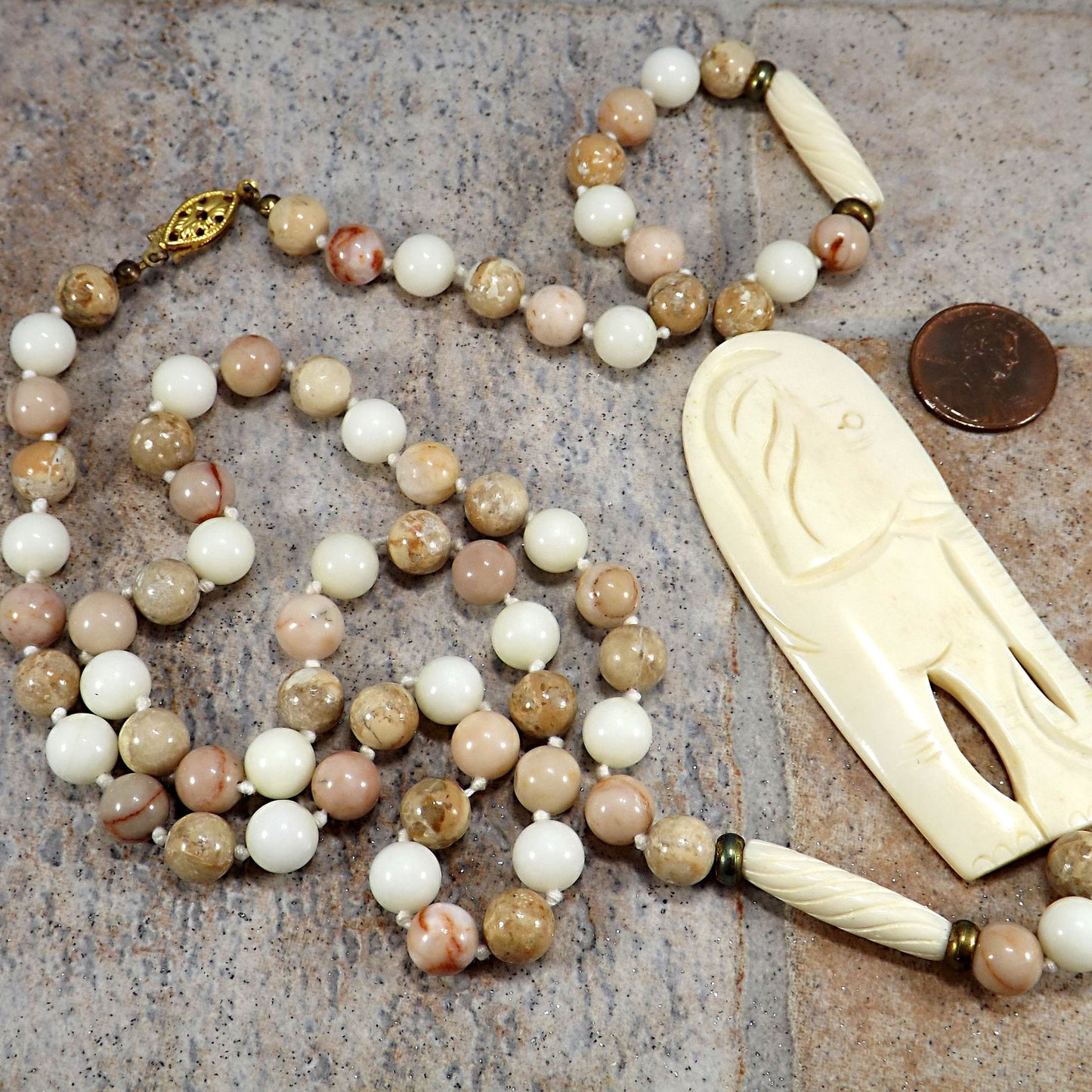 1950s Elephant Pendant Gemstone Beaded Necklace Hand Knotted 32” Vintage Jewelry
