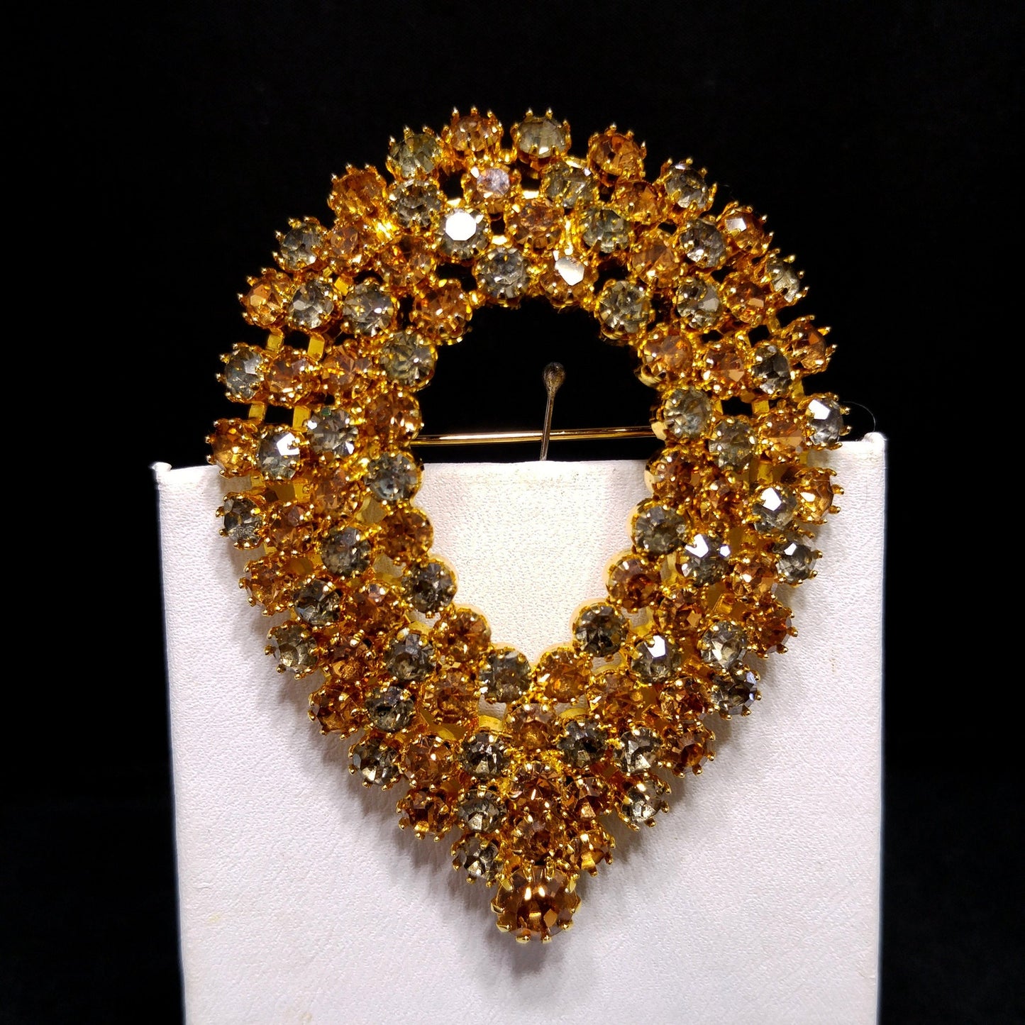 Kramer Vintage Rhinestone Brooch & Clip Earrings Set Topaz Gray Gold Plate 1960s