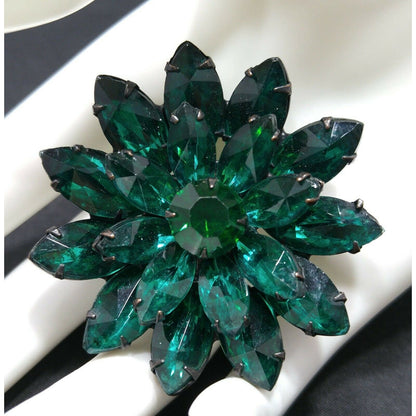 Vintage Emerald Green Rhinestones Floral Japanned Brooch, Mid-Century Flower Pin, 1950s Vintage Jewelry