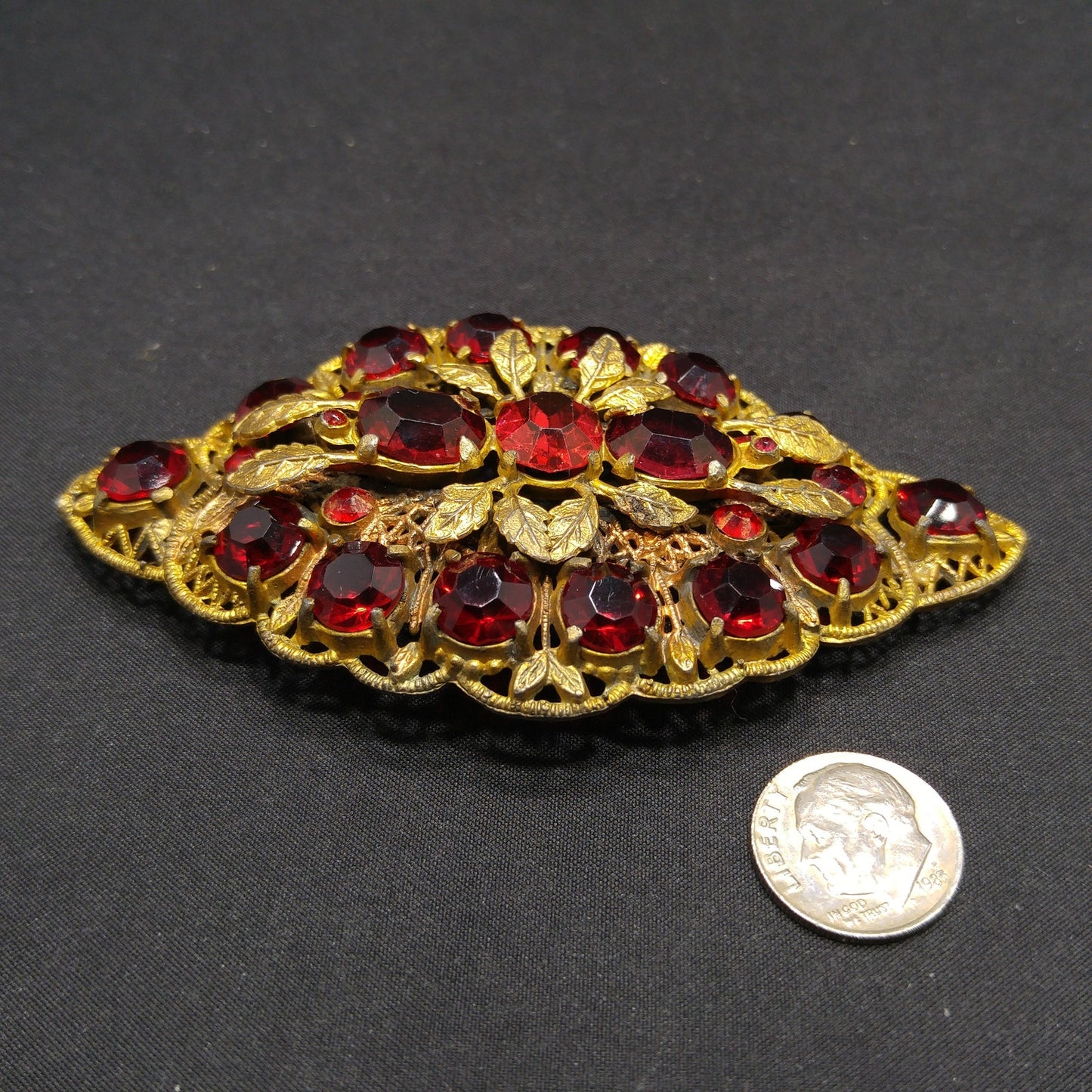 Antique Red Rhinestone Filigree Large Brooch, Wide Floral Sash Shoulder Pin, 1920s Vintage Jewelry