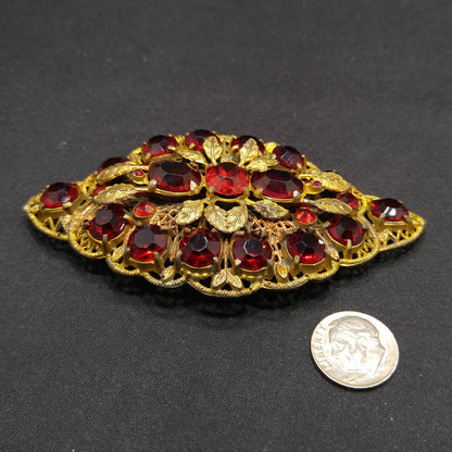 Antique Red Rhinestone Filigree Large Brooch, Wide Floral Sash Shoulder Pin, 1920s Vintage Jewelry