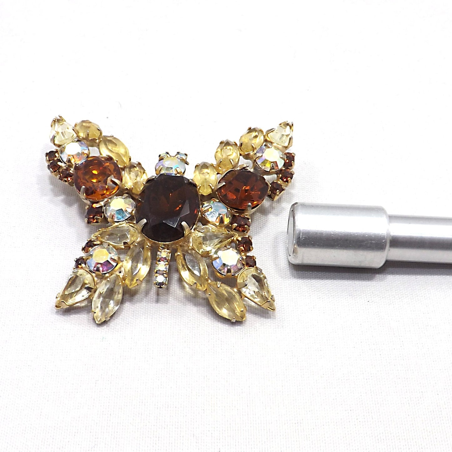 Vintage Butterfly Brooch D & E Juliana Style Rootbeer Rhinestones Yellow Open Back Aurora Borealis Rhinestones Gold Tone Vintage Jewelry