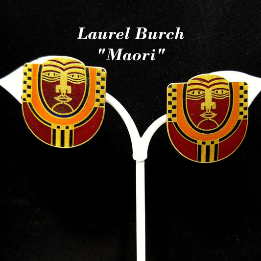 Laurel Burch "Maori" Tribal Mask Clip Earrings, Deep Red Enamel, 1980s Vintage Jewelry