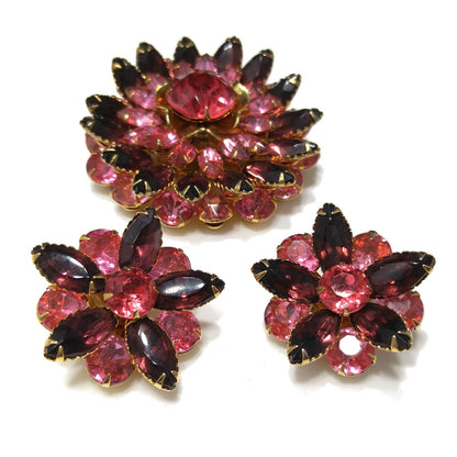 Vintage Celebrity Pink Purple Brooch & Earrings, 22K Gold Plated, 1940s