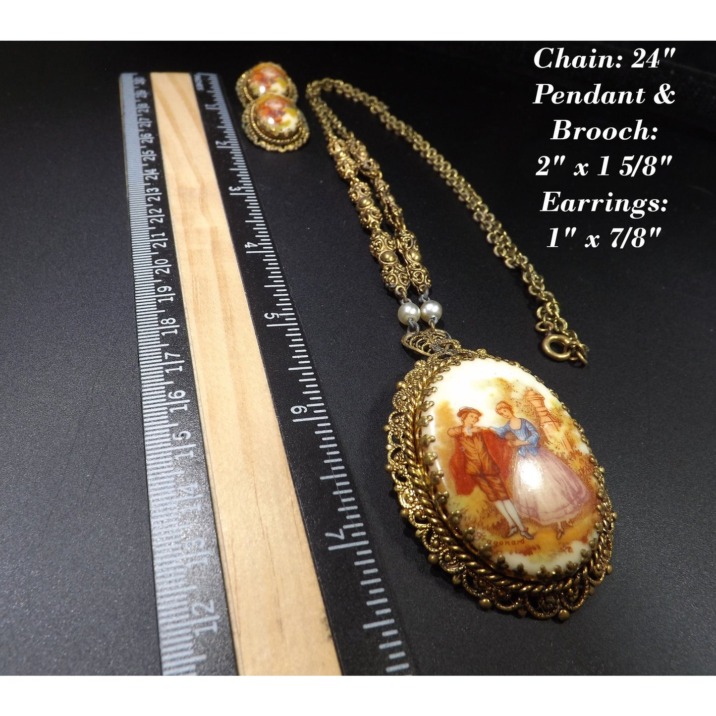 Germany Cameo Pendant Necklace Brooch Earrings Set, Filigree 1940s Vintage Jewelry