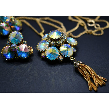 Vintage Rivoli Pendant & Earrings, Aurora Borealis Rhinestones, 1960s Vintage Jewelry