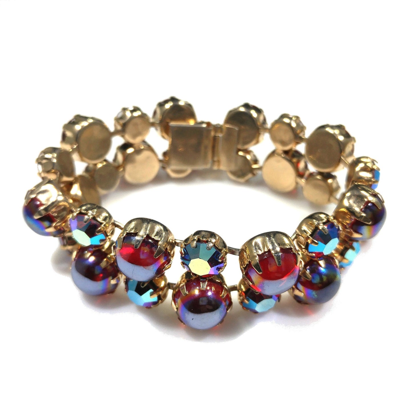 Mid-Century Red Aurora Borealis Rhinestone Cabochon Bracelet, Gold Plated, 1960s Vintage Jewelry