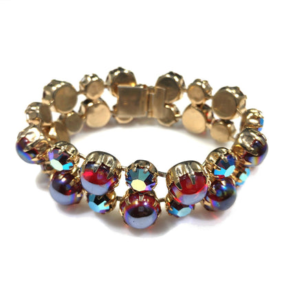 Mid-Century Red Aurora Borealis Rhinestone Cabochon Bracelet, Gold Plated, 1960s Vintage Jewelry