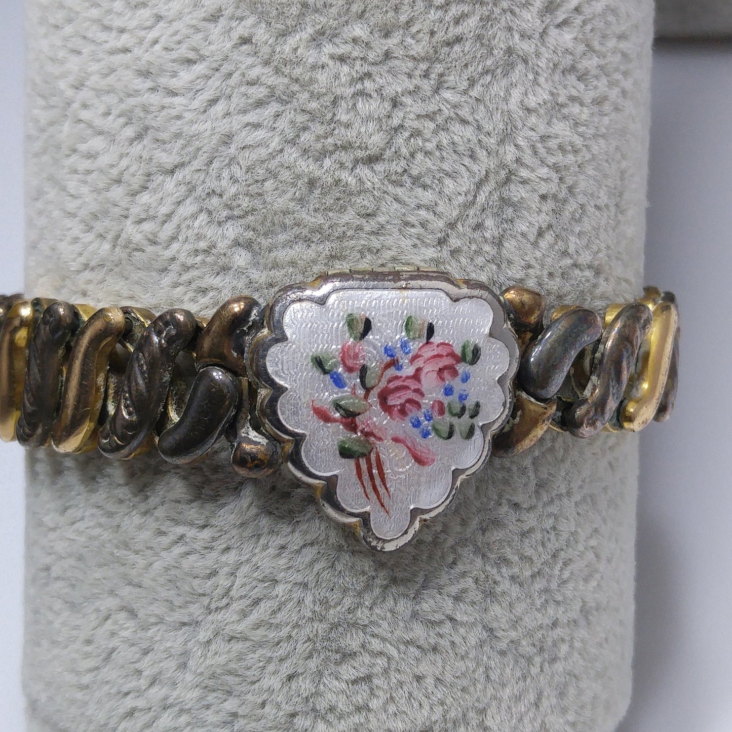 La Mode 1920s Guilloche Enamel Heart Locket Expansion Bracelet 12K GF Antique