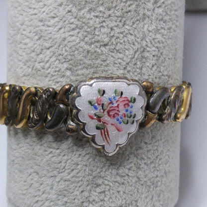 La Mode 1920s Guilloche Enamel Heart Locket Expansion Bracelet 12K GF Antique