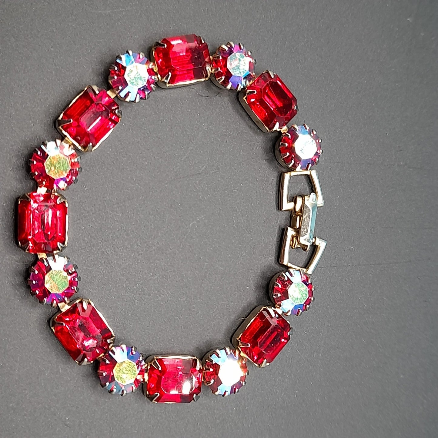Weiss Red and Aurora Borealis Rhinestone Bracelet – 1960s Gold Tone Vintage Jewelry