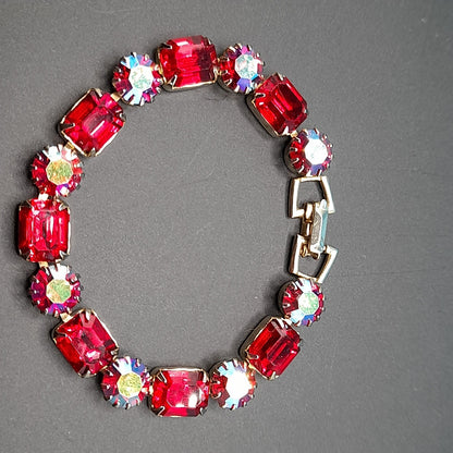 Weiss Red and Aurora Borealis Rhinestone Bracelet – 1960s Gold Tone Vintage Jewelry
