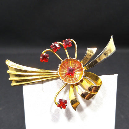 Gold Filled Bow Flower Brooch, Red Rhinestones, 1940s Vintage Jewelry