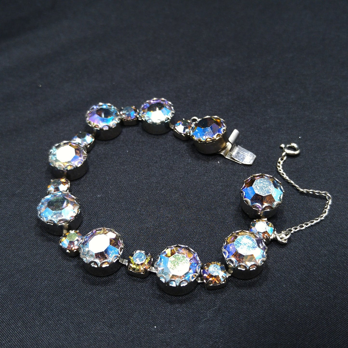 Blue Aurora Borealis Rhinestone Bracelet, Gold Plated, 1960s Vintage Jewelry