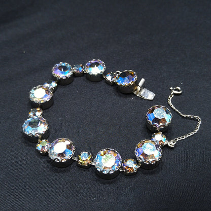 Blue Aurora Borealis Rhinestone Bracelet, Gold Plated, 1960s Vintage Jewelry