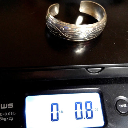 Vintage Navajo Sterling Silver Cuff Bracelet HB Hand Engraved Leaf Design